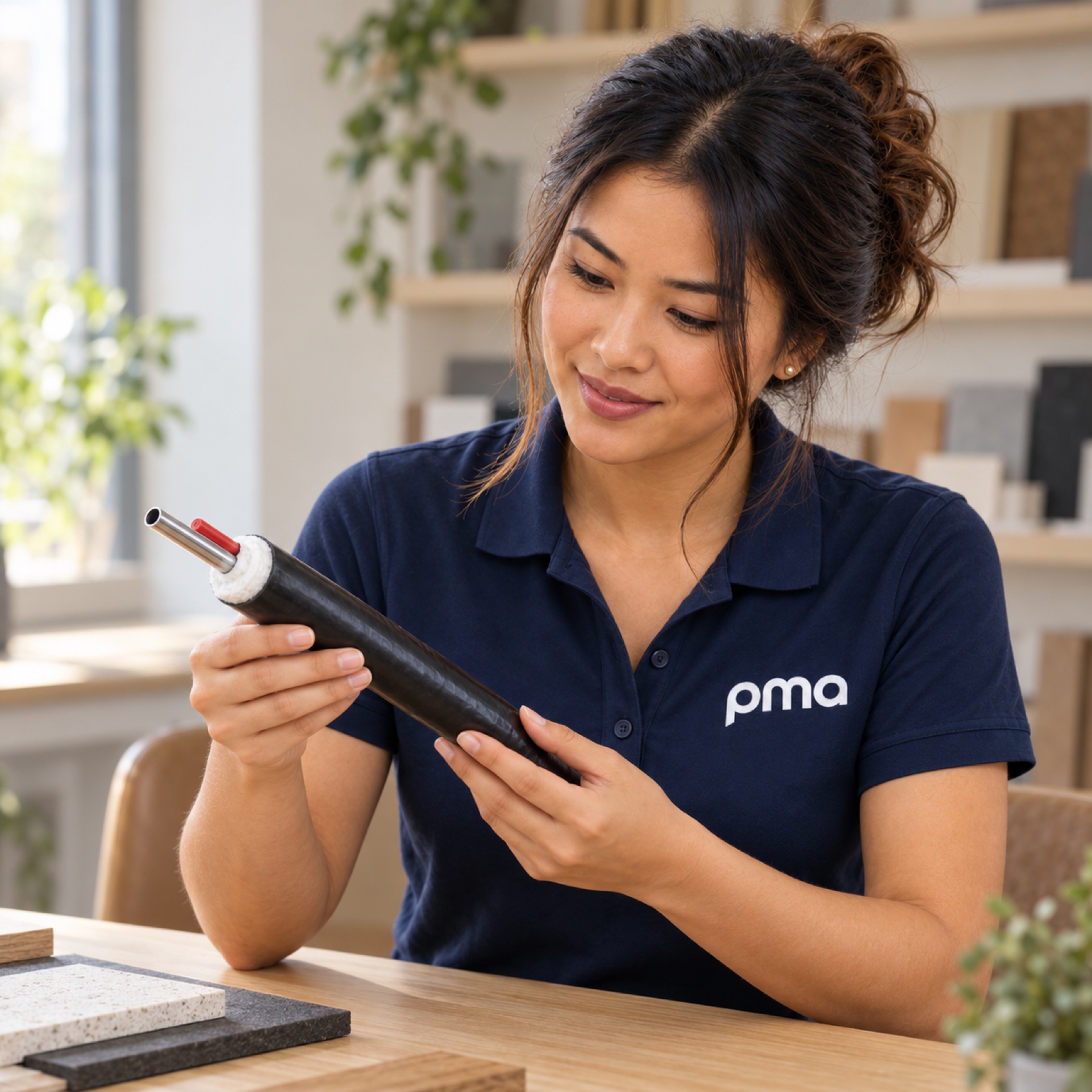 PMA colleague reviewing an electric-traced tubing sample