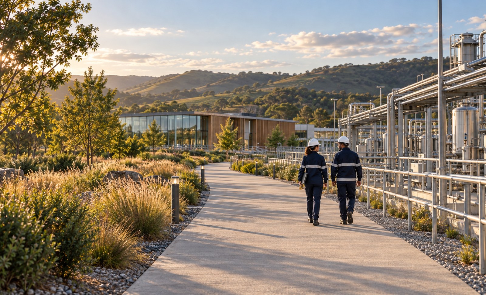Two process engineers walking beside industrial pipework at a process facility